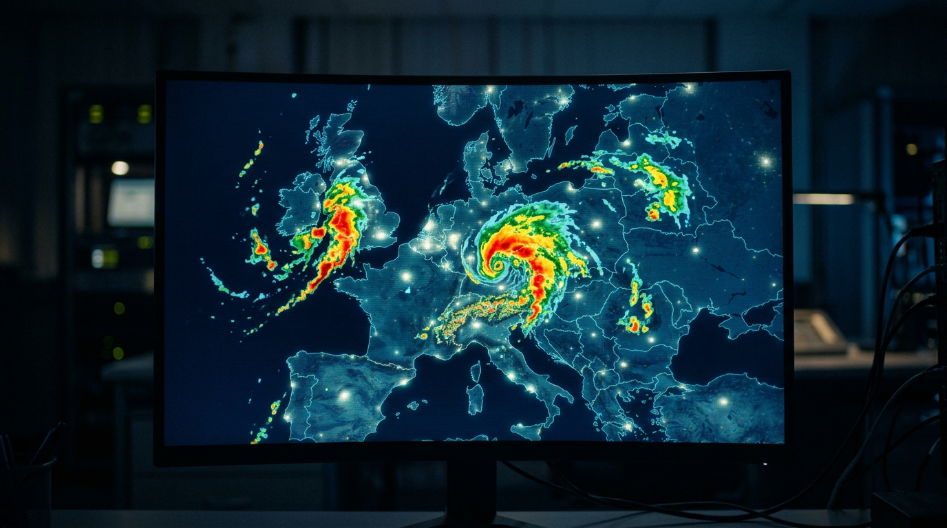 Radar padavina sa plavim, zelenim, žutim i crvenim poljima kiše iznad mape Evrope